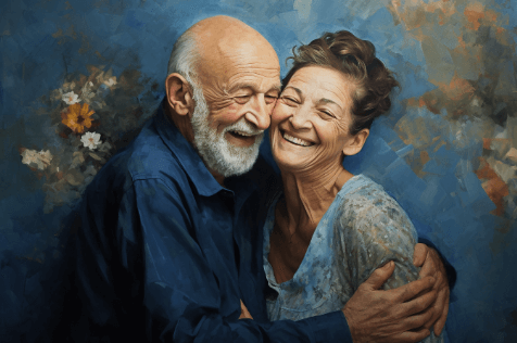 Smiling senior pair posing with blue background.