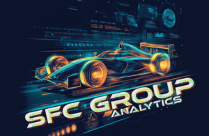 The futuristic display of a schematic racing car with a lot of analytical info in the background and the words "SFC group analytics"