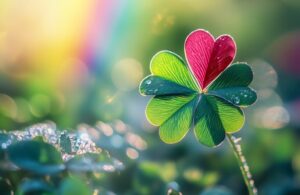A clover with 5 petals, one of which is pink, set against a bright sunny meadow filled with sunlight, greenery, and a rainbow