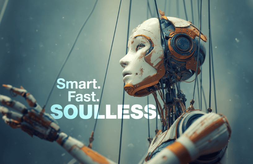 Marionette-style humanoid robot with exposed wiring and metallic face, suspended by strings, reaching forward. Bold white text overlay: "Smart. Fast. SOULLESS."