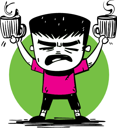 Cartoon boy in pink shirt angrily holding up two steaming coffee mugs, on green circle.